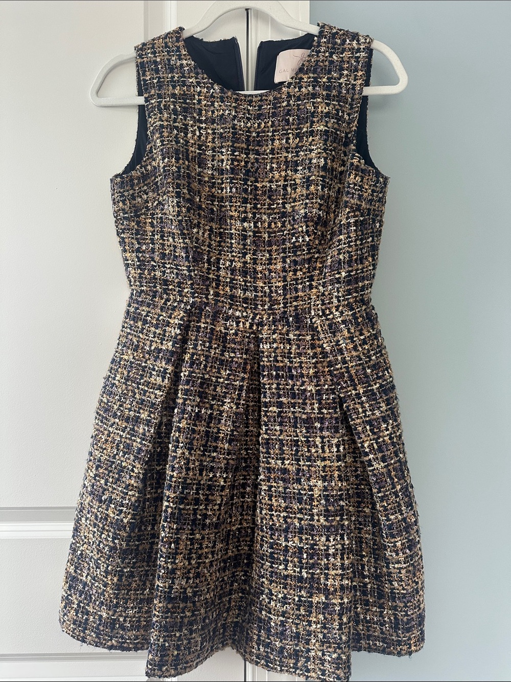 Gal Meets Glam Girls Black & Gold Tweed Fit-and-Flare Dress Size 4P